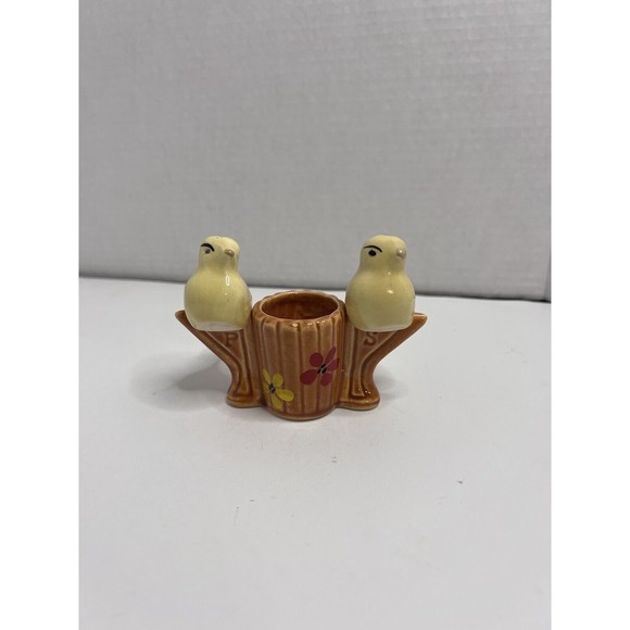 Vtg Yellow Birds on a Perch Salt Pepper Shaker Toothpick Brown Holder 40s Japan - Picture 1 of 6